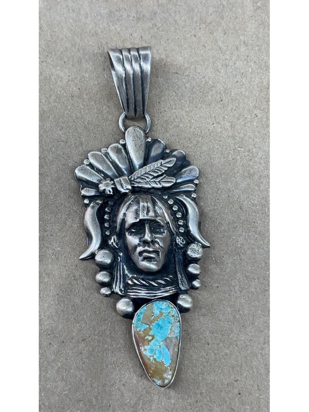 Navajo sterling silver boulder turquoise chief pendant -Robert Shakey